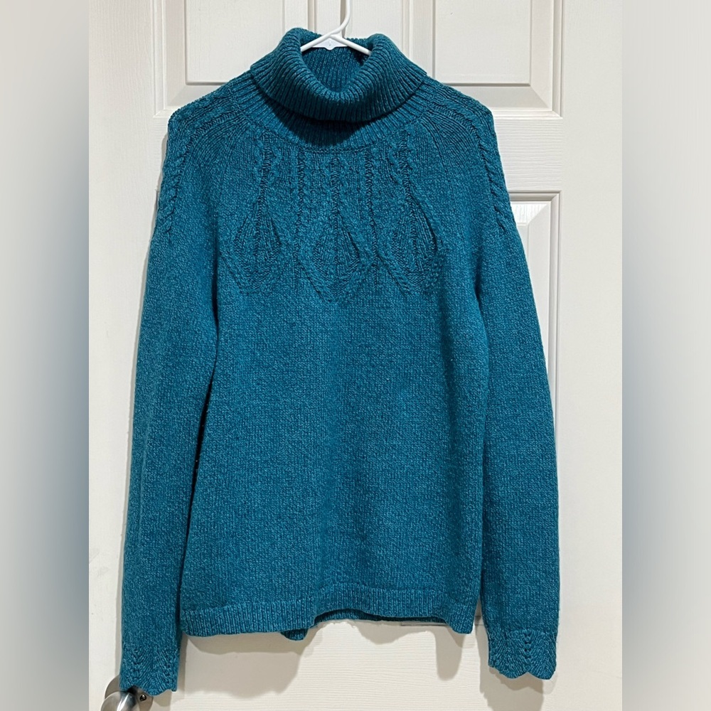 SUNDANCE DIAMOND PATTERN, Teal Cable knit Turtleneck Sweater WOMEN SIZE M